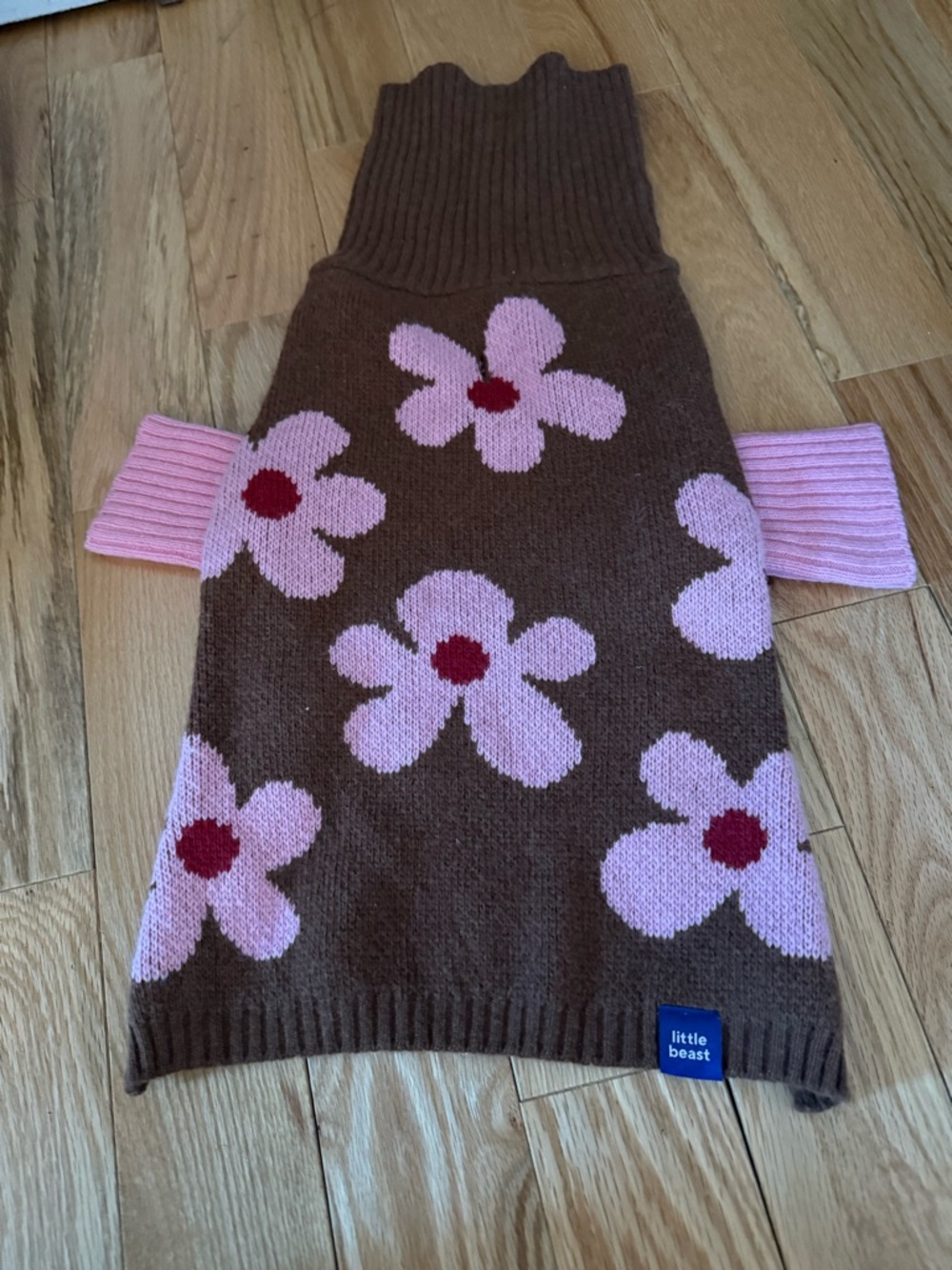 Little Beast Brown Floral Knit Dog Sweater with Pink Accents